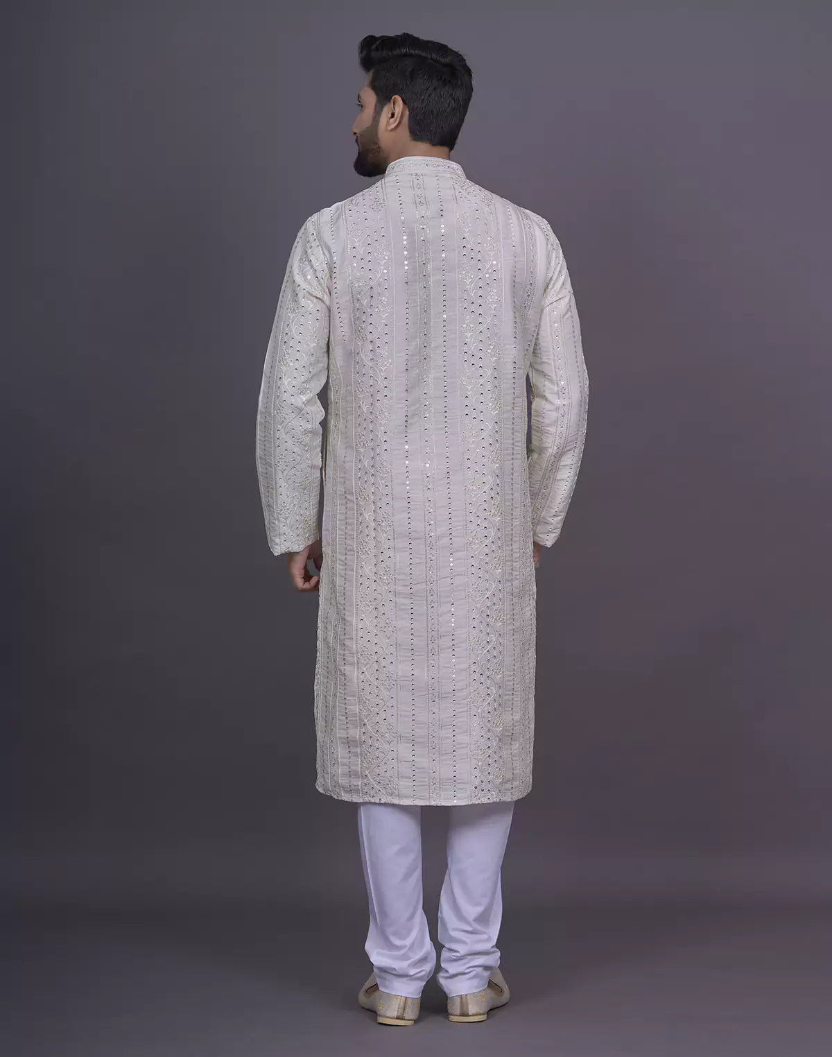 Self Floral Sequence with Thread work Cream Raw Silk Kurta Pyjama Set