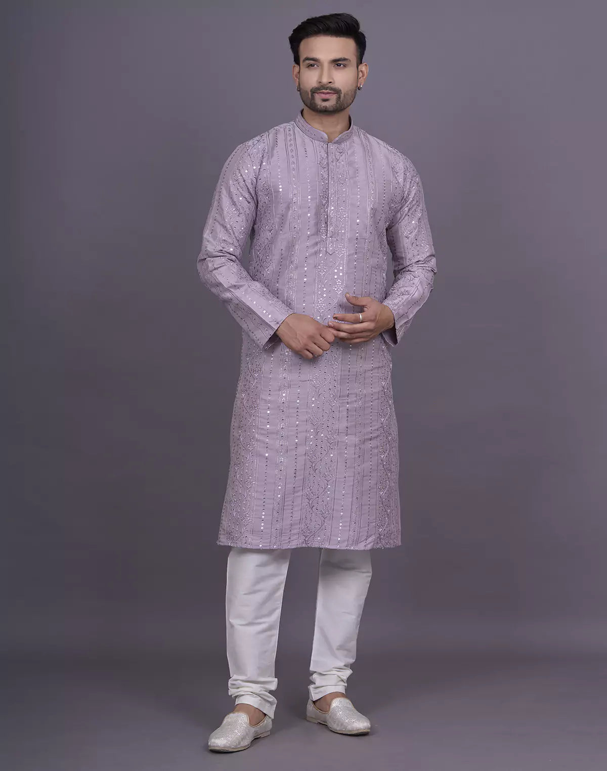 self floral sequence with thread work onion soft silk kurta pyjama set
