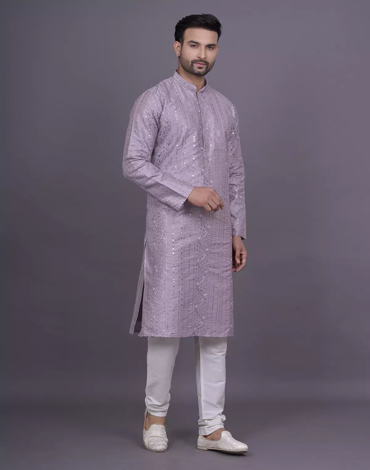 self floral sequence with thread work onion soft silk kurta pyjama set