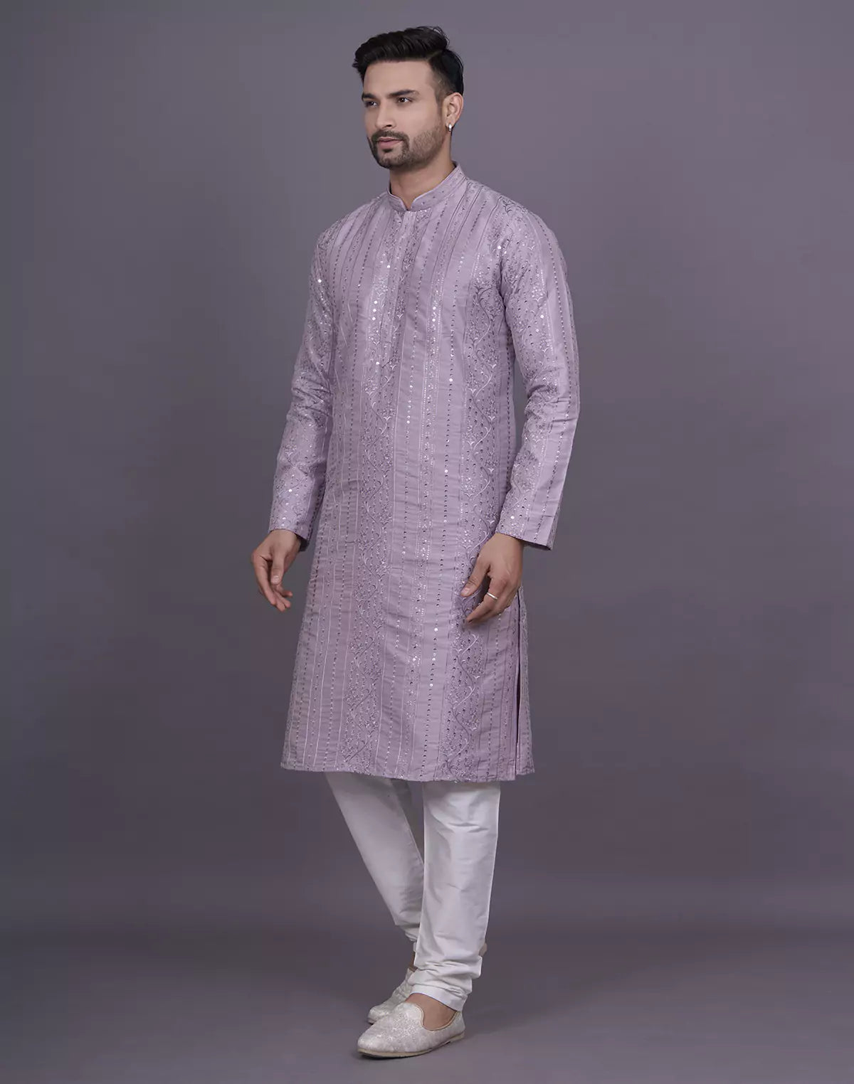self floral sequence with thread work onion soft silk kurta pyjama set