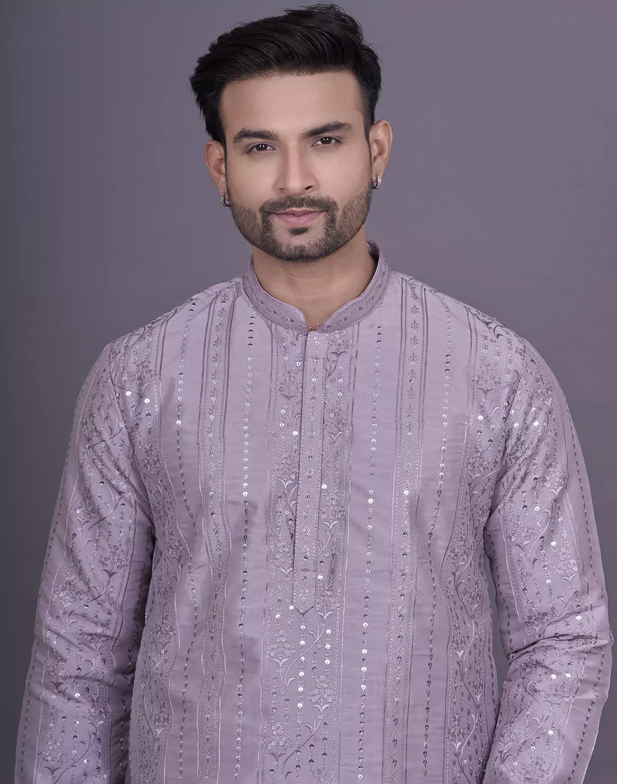 self floral sequence with thread work onion soft silk kurta pyjama set