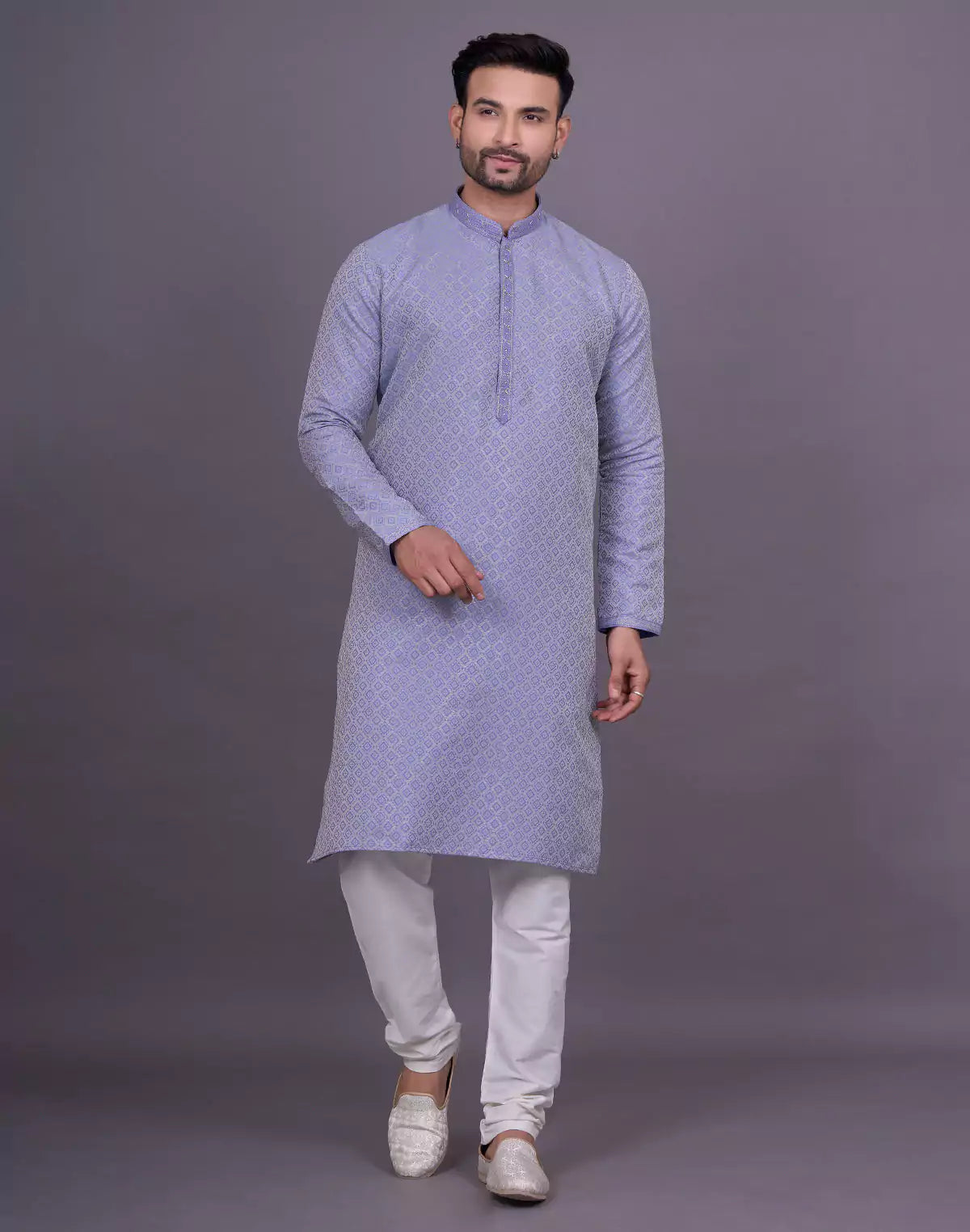 Light Purple Self Highlighted Thread work Soft Silk Kurta Pyjama Set