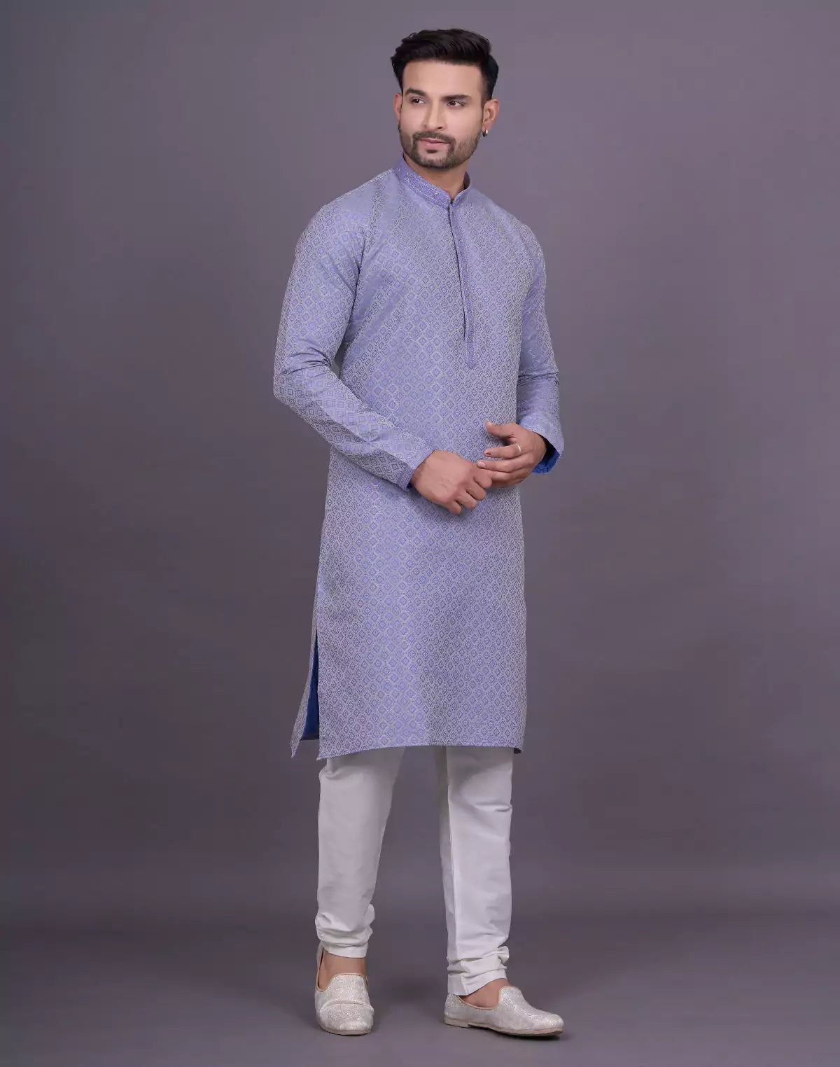 Light Purple Self Highlighted Thread work Soft Silk Kurta Pyjama Set