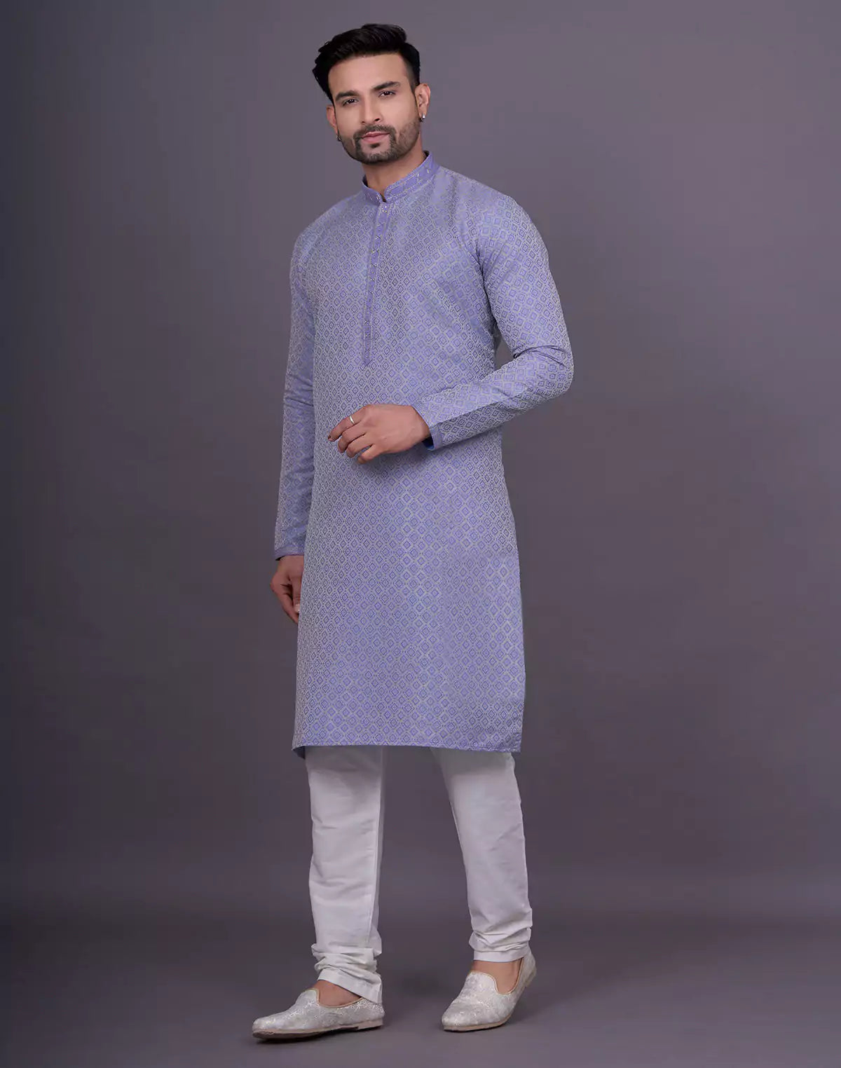Light Purple Self Highlighted Thread work Soft Silk Kurta Pyjama Set