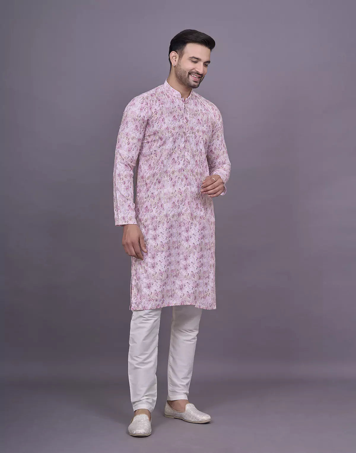 Light Pink Graphic Design Embellished work Cotton Kurta Set