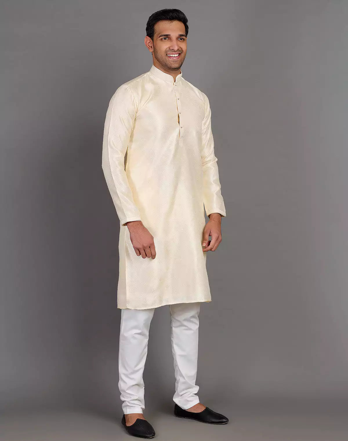 Simple Self Made Cream Thread Work Design Soft Silk Kurta Pyjama Set
