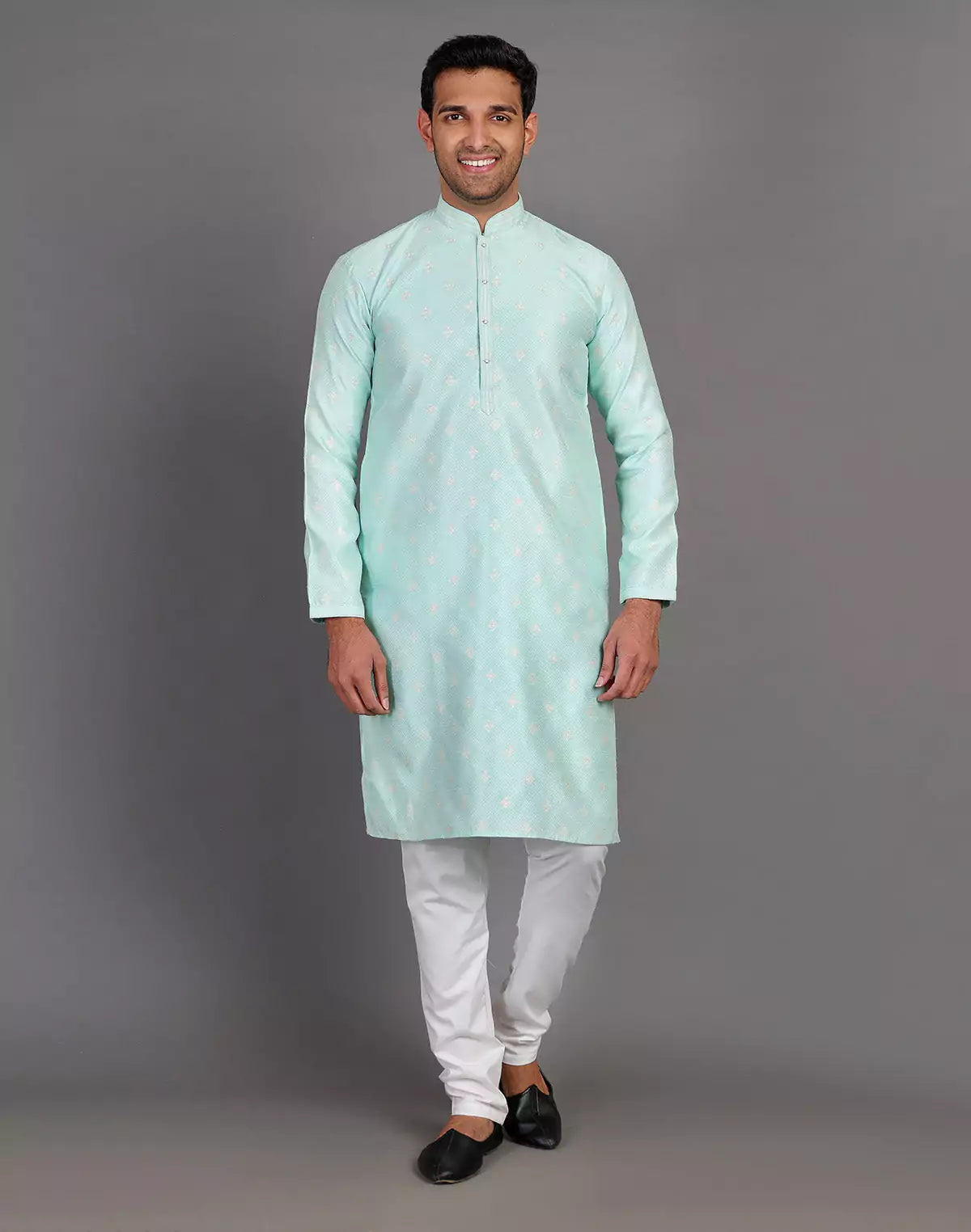 Simple Self Made Thread Work Design Sea Green Soft Silk Kurta Pyjama Set