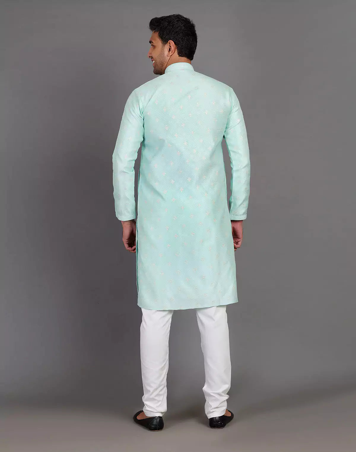 Simple Self Made Thread Work Design Sea Green Soft Silk Kurta Pyjama Set