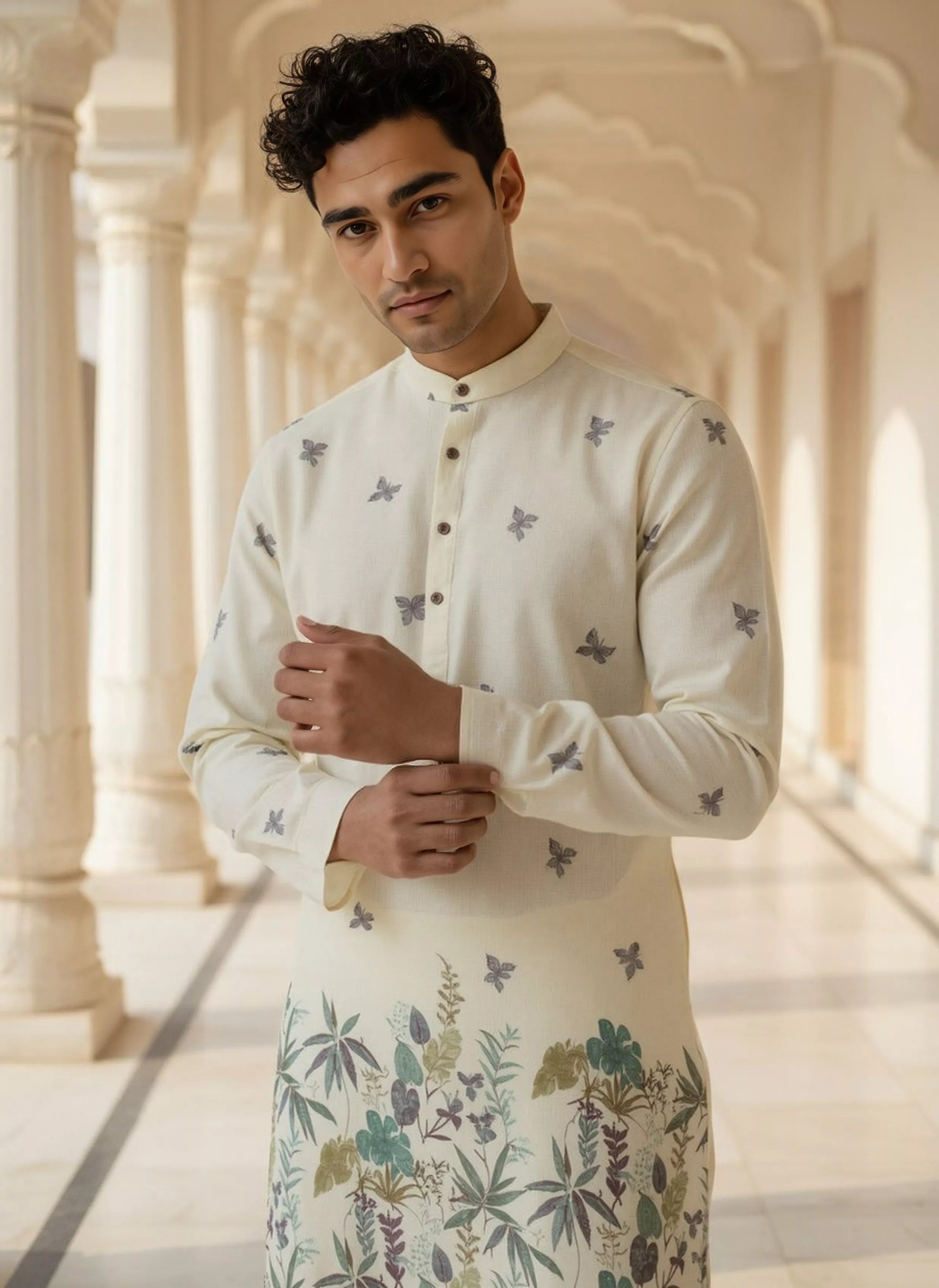 Lemon Floral Daman Print Lenin Kurta Pyjama Set
