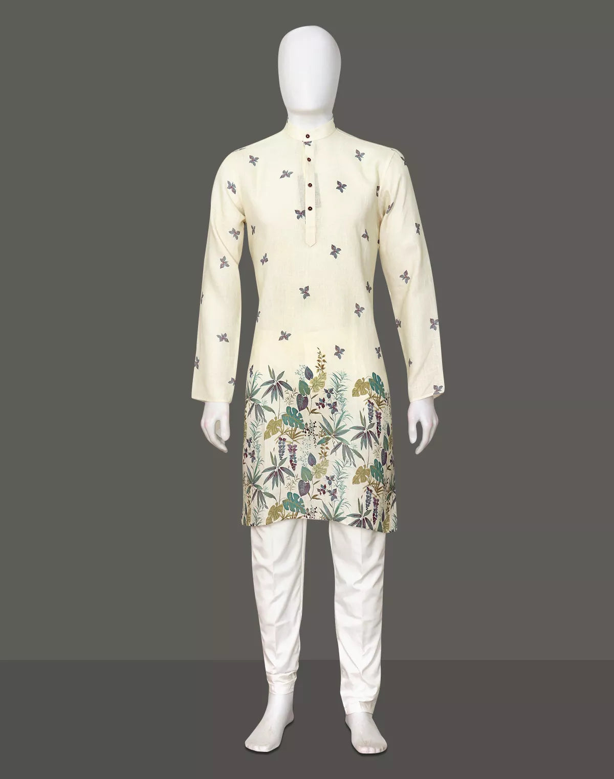 Lemon Floral Daman Print Lenin Kurta Pyjama Set