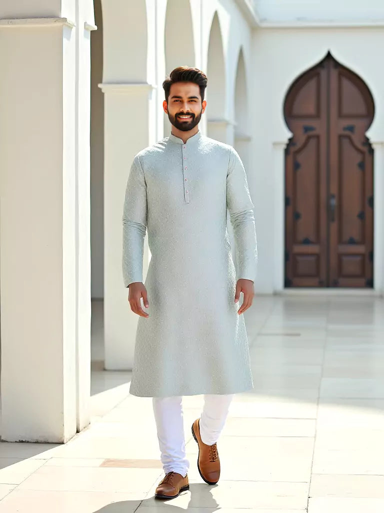 Light Pista All Over Self Geometric Pattern Thread Work Raw Silk Kurta Pyjama Set