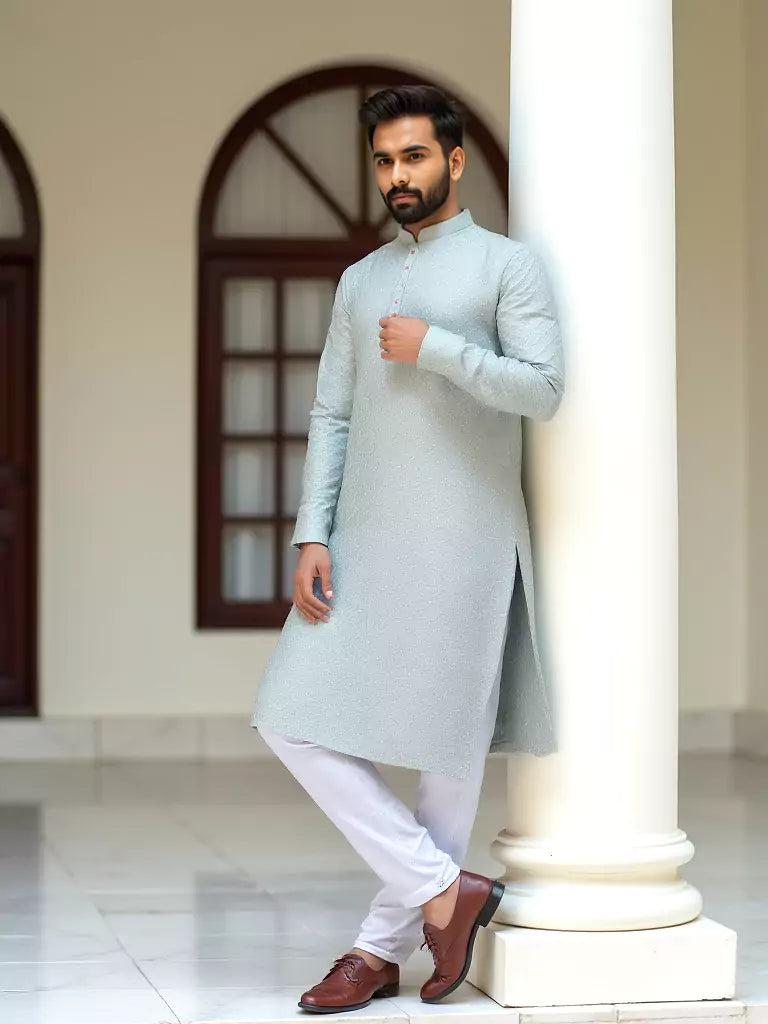 Light Pista All Over Self Geometric Pattern Thread Work Raw Silk Kurta Pyjama Set
