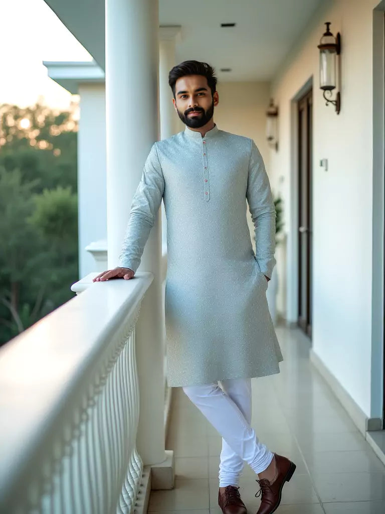 Light Pista All Over Self Geometric Pattern Thread Work Raw Silk Kurta Pyjama Set