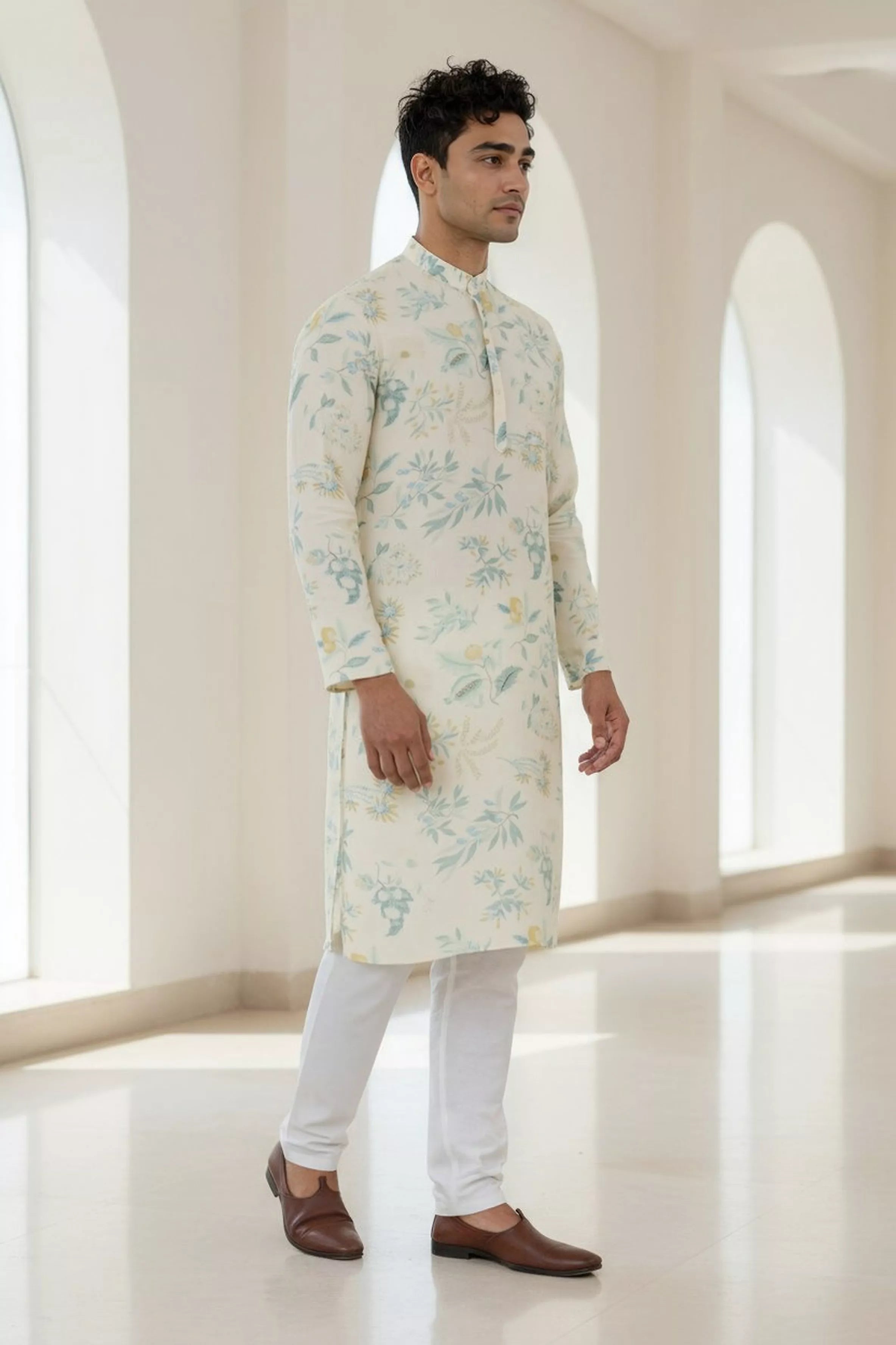 Sky Colour Floral Printed Lenin Kurta Pyjama