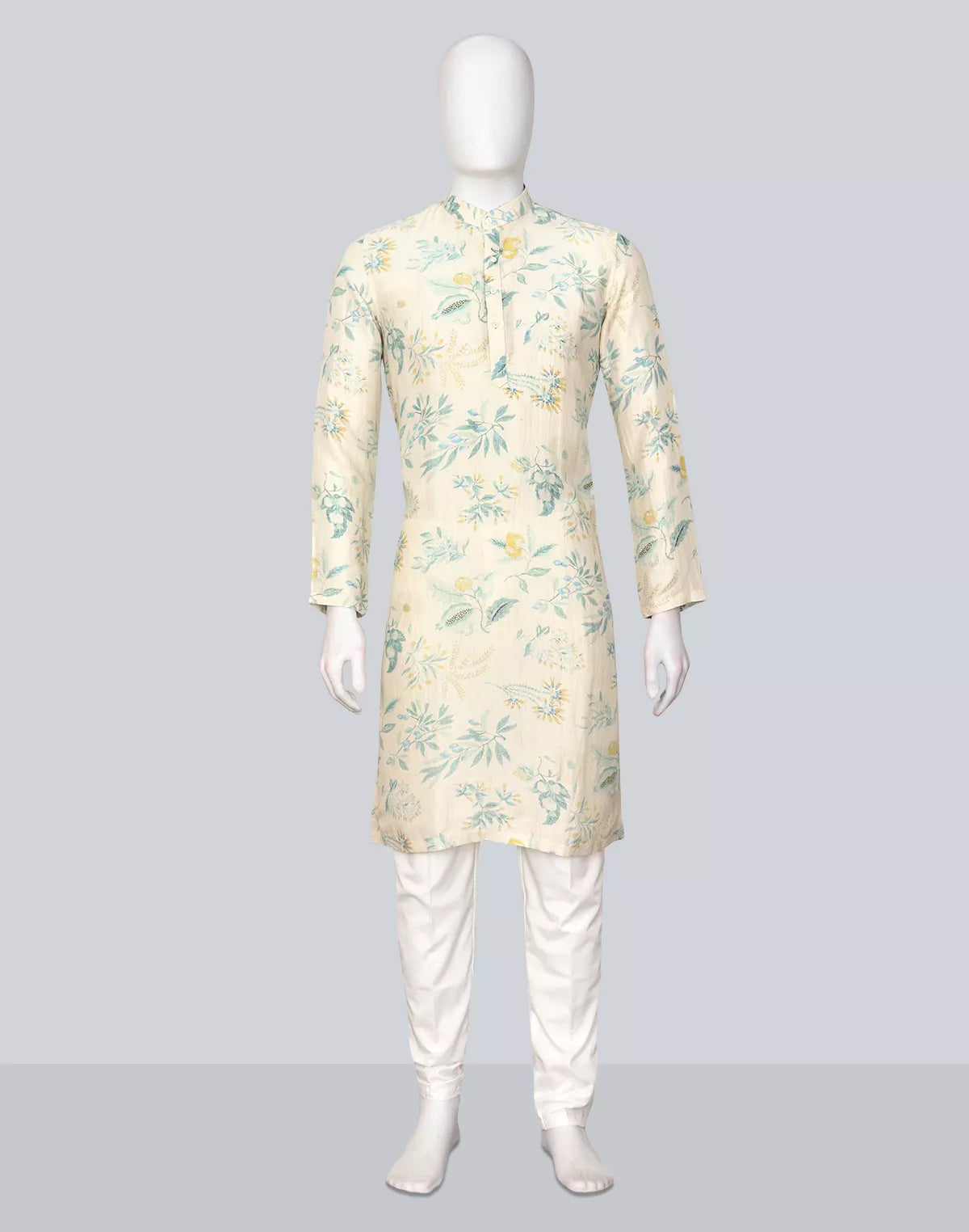 Sky Colour Floral Printed Lenin Kurta Pyjama