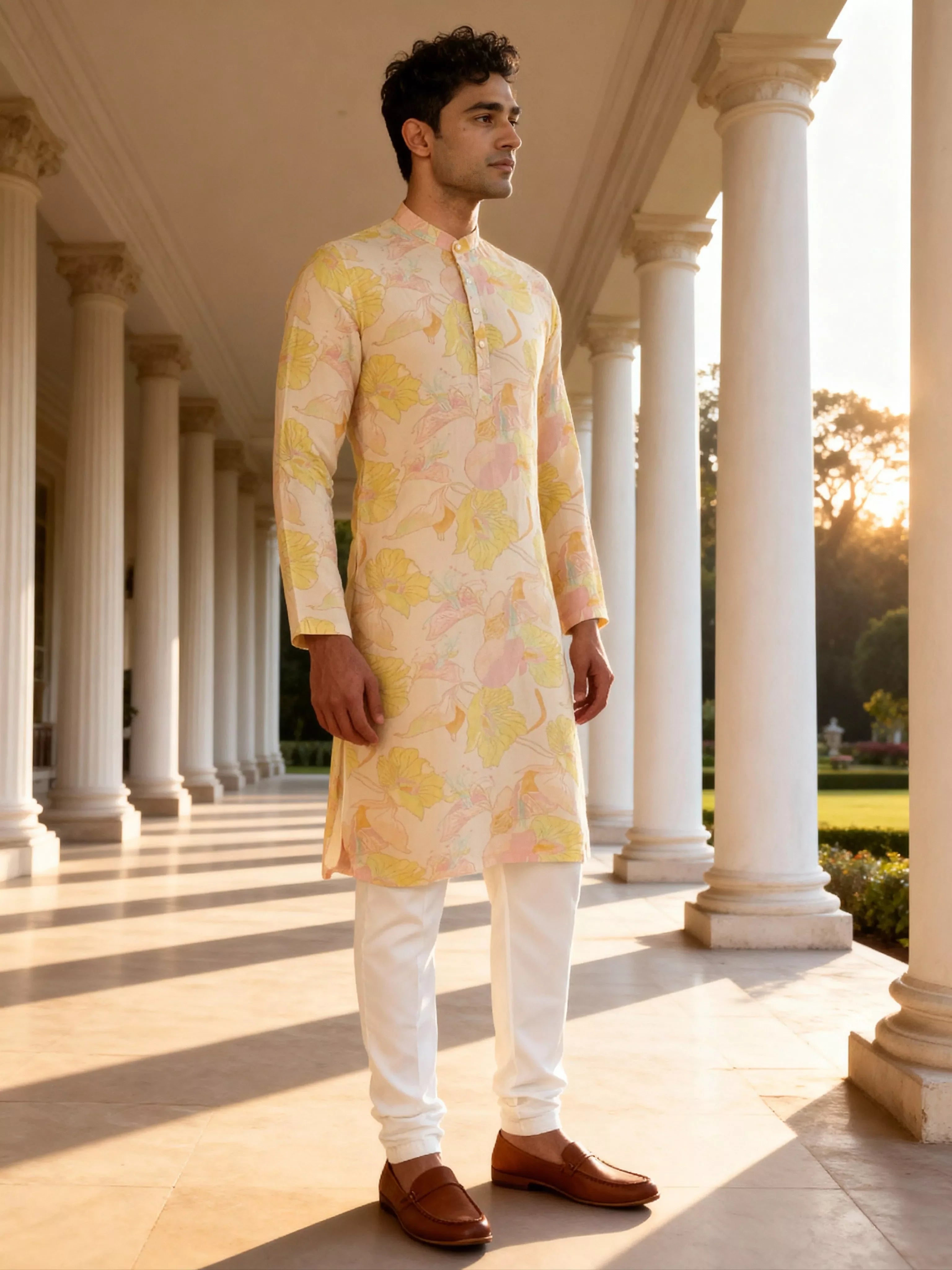 Lemon Floral Printed Lenin Kurta Pyjama Set