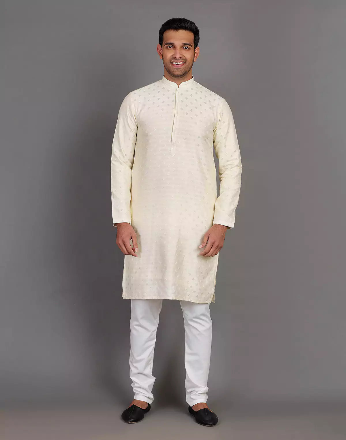 Raw Silk Cream All Over Silver Bootis Kurta Pyjama Set