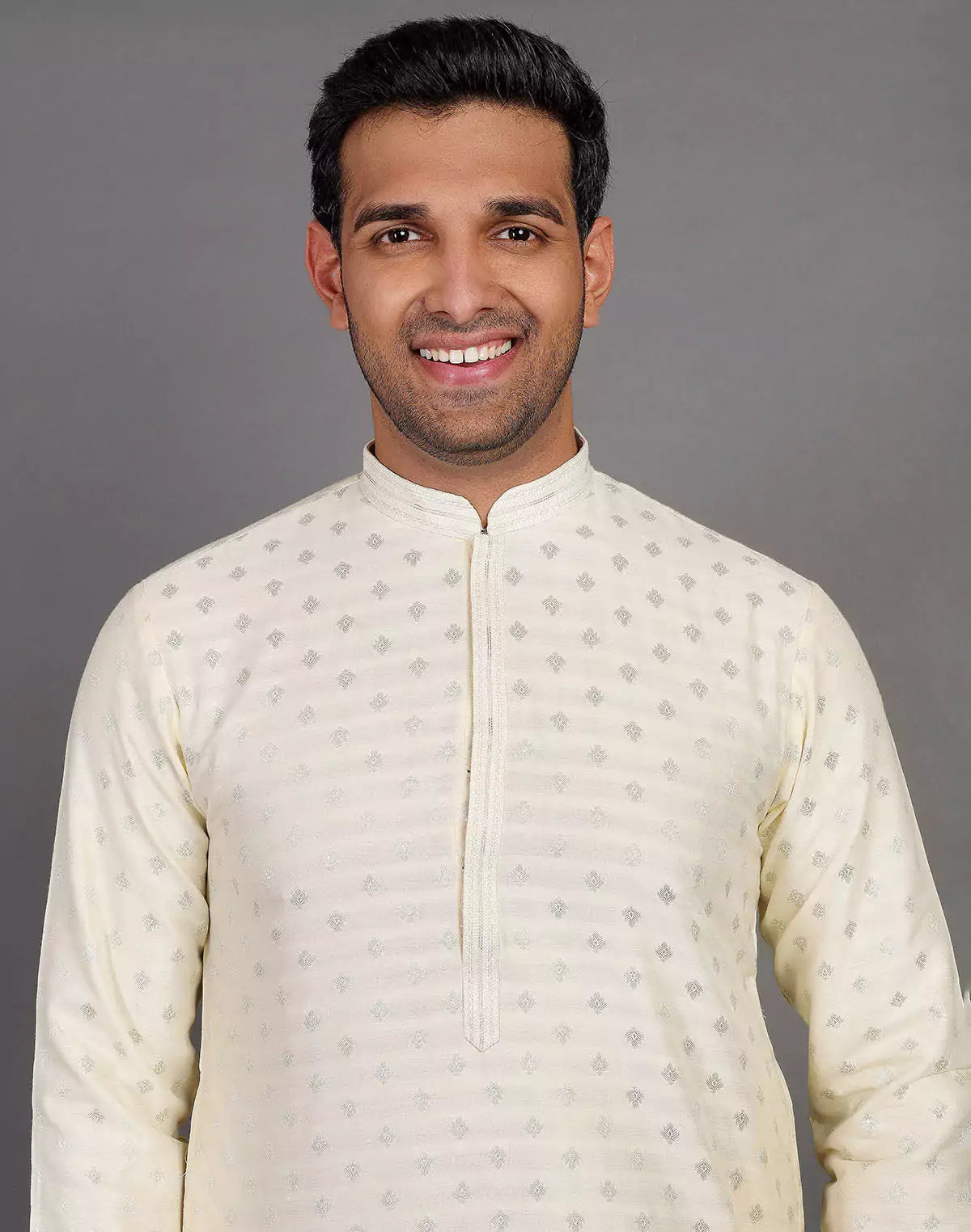 Raw Silk Cream All Over Silver Bootis Kurta Pyjama Set