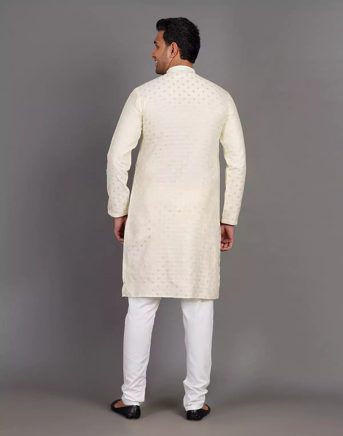 Raw Silk Cream All Over Silver Bootis Kurta Pyjama Set