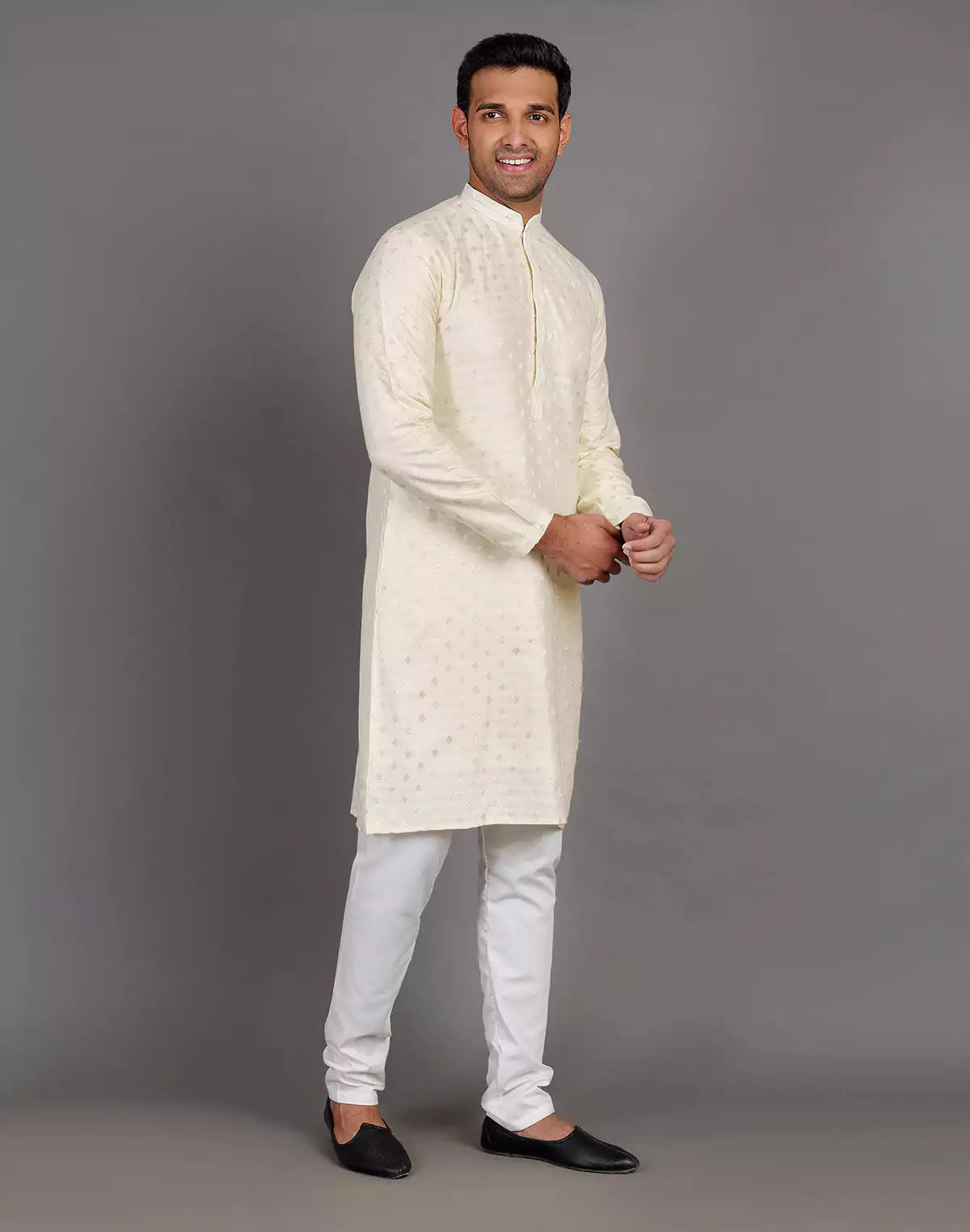 Raw Silk Cream All Over Silver Bootis Kurta Pyjama Set