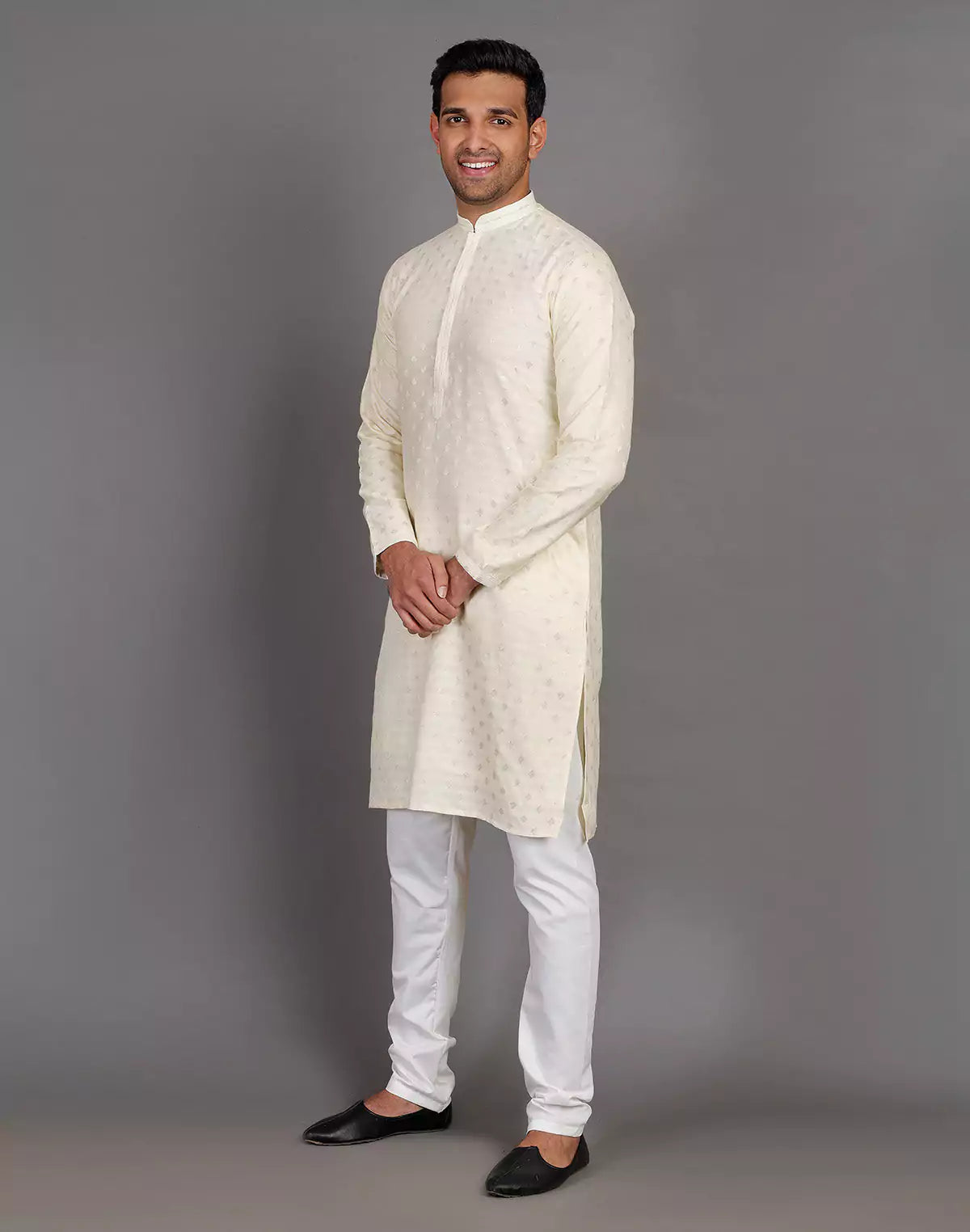 Raw Silk Cream All Over Silver Bootis Kurta Pyjama Set