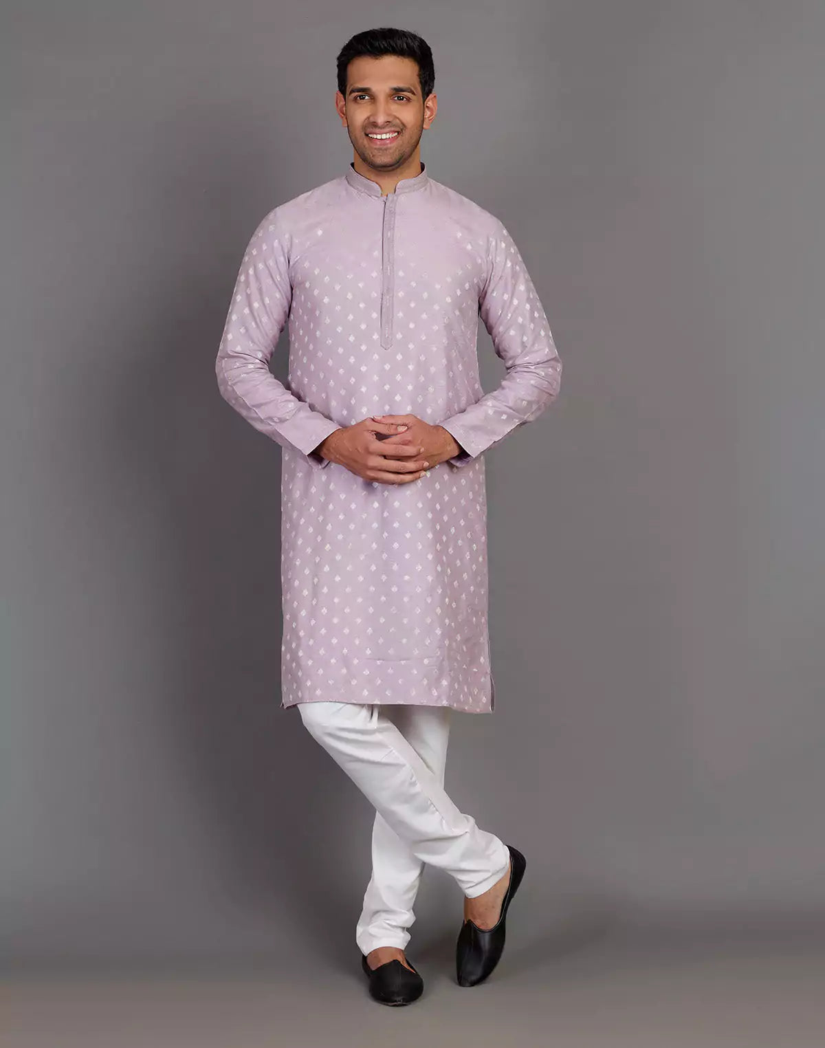 Raw Silk Lavender Coloured All Over Silver Bootis Kurta Pyjama Set