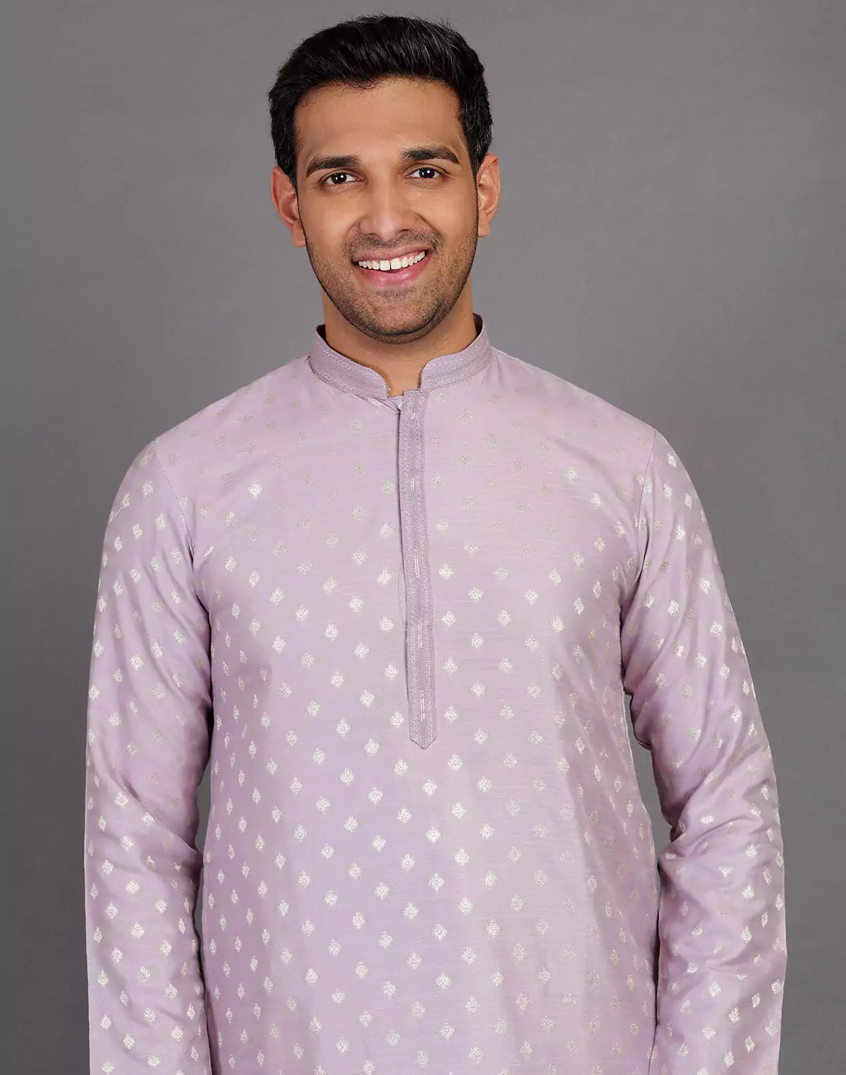 Raw Silk Lavender Coloured All Over Silver Bootis Kurta Pyjama Set