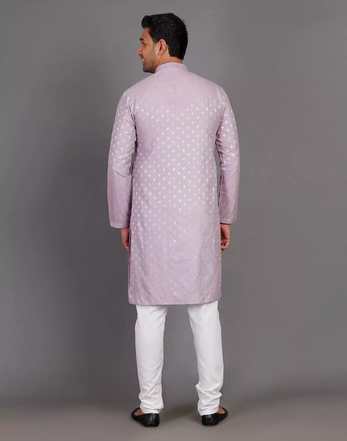 Raw Silk Lavender Coloured All Over Silver Bootis Kurta Pyjama Set