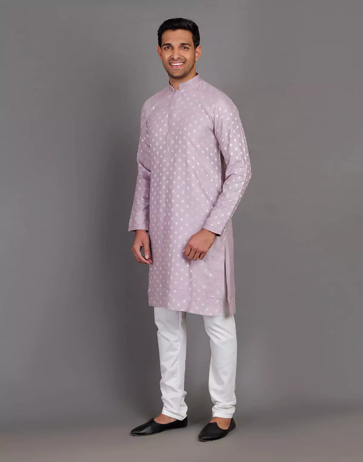 Raw Silk Lavender Coloured All Over Silver Bootis Kurta Pyjama Set