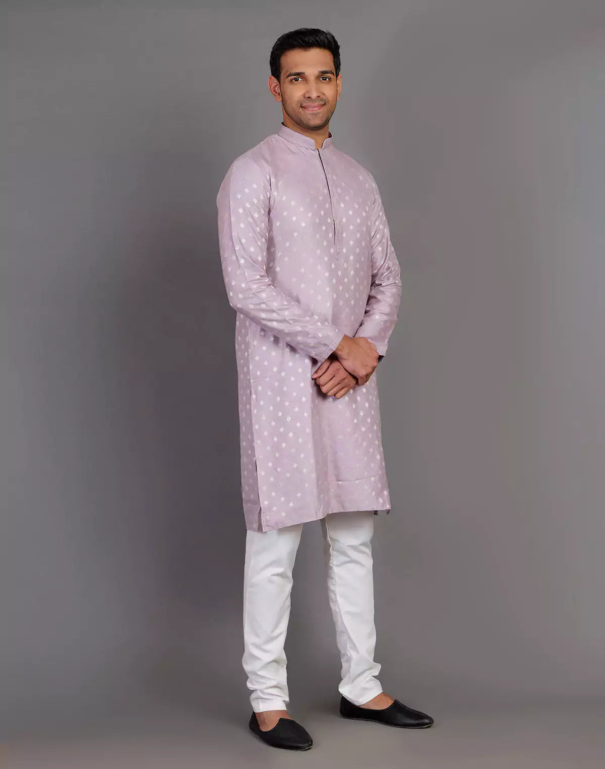Raw Silk Lavender Coloured All Over Silver Bootis Kurta Pyjama Set