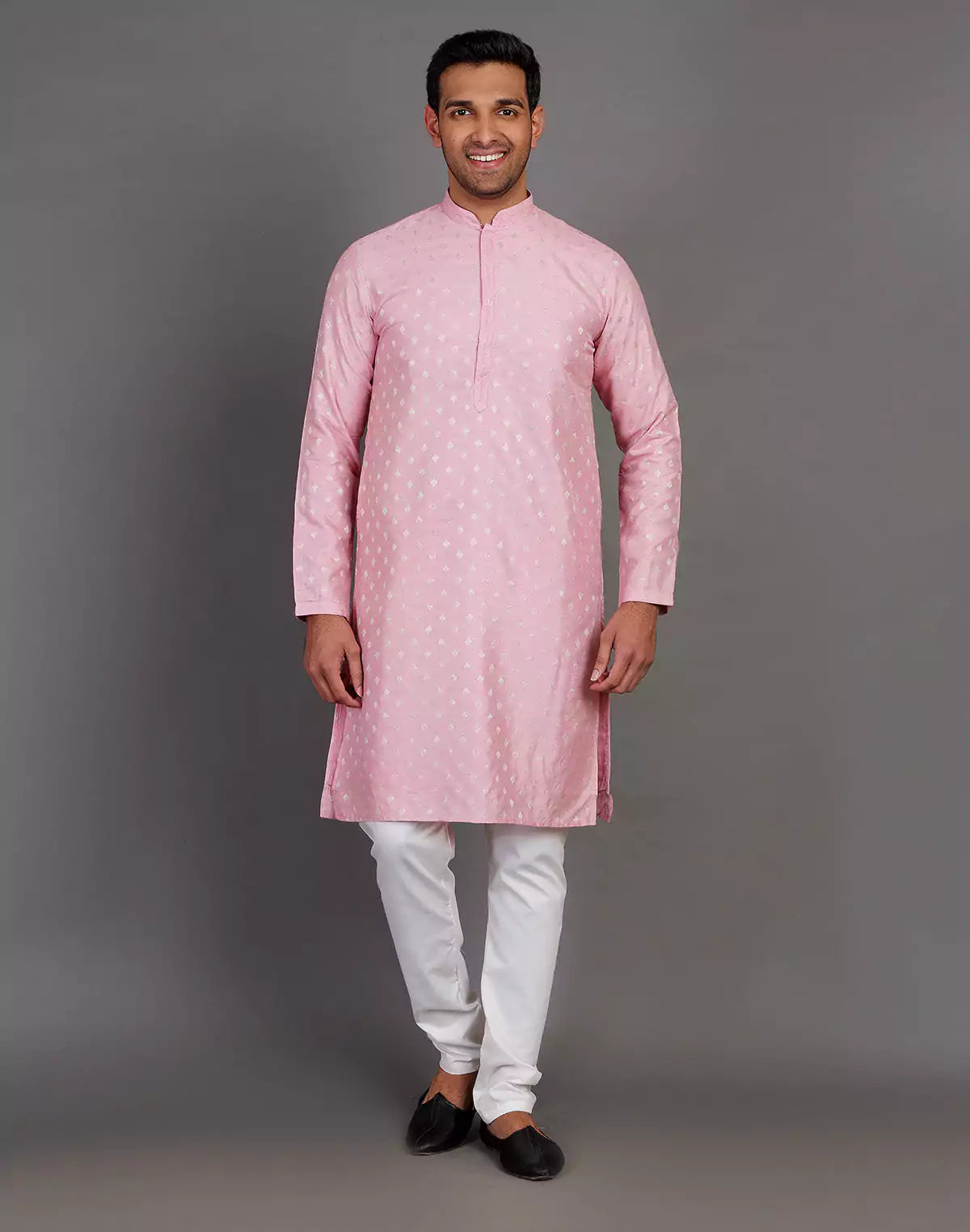 Pink Raw Silk All Over Silver Bootis Kurta Pyjama Set