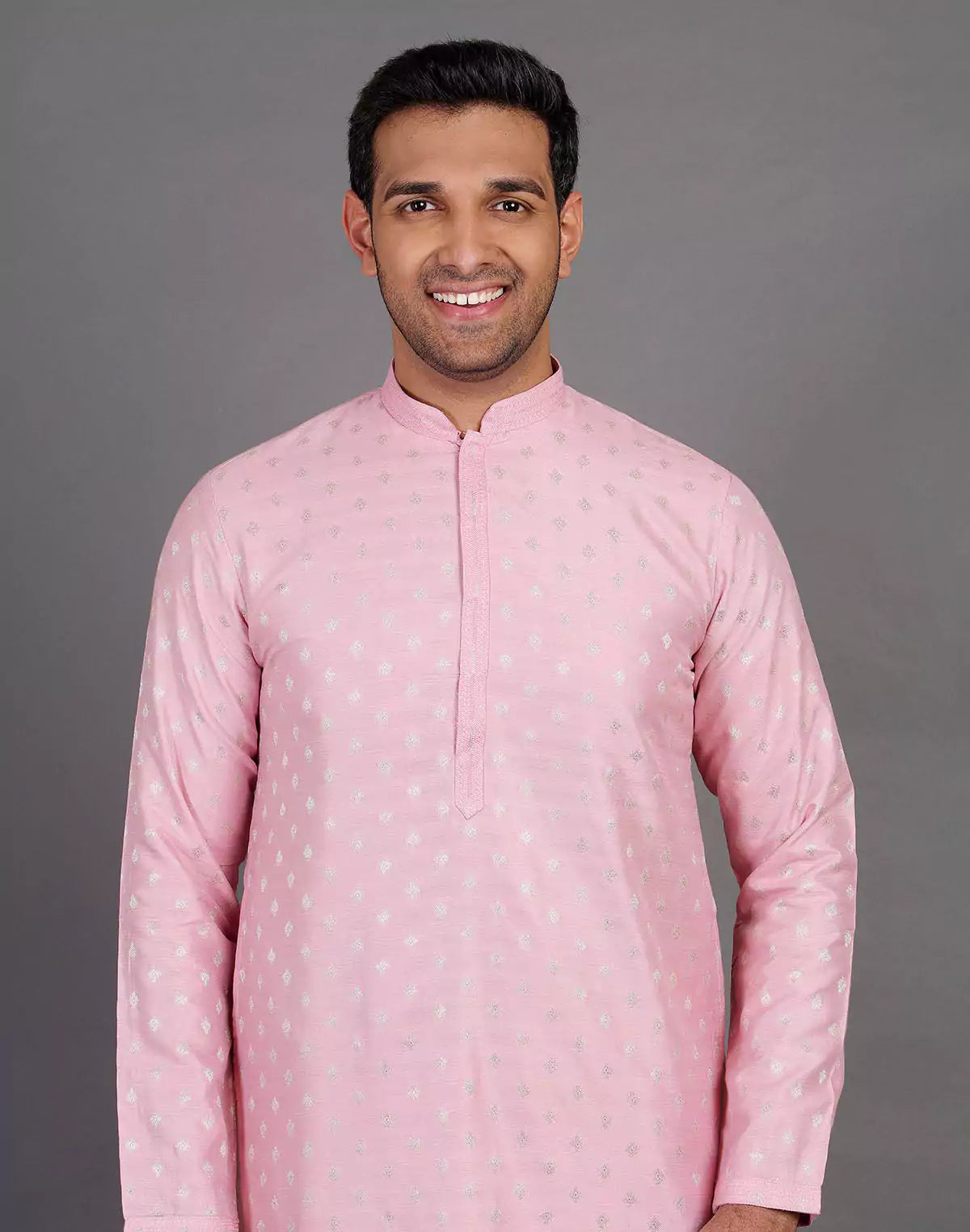 Pink Raw Silk All Over Silver Bootis Kurta Pyjama Set