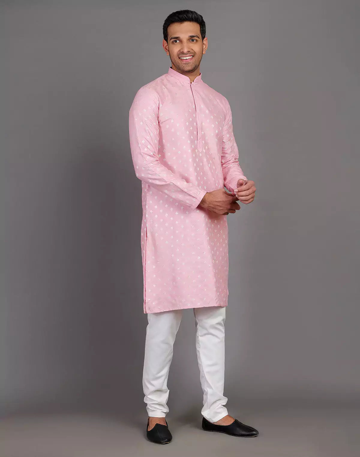 Pink Raw Silk All Over Silver Bootis Kurta Pyjama Set