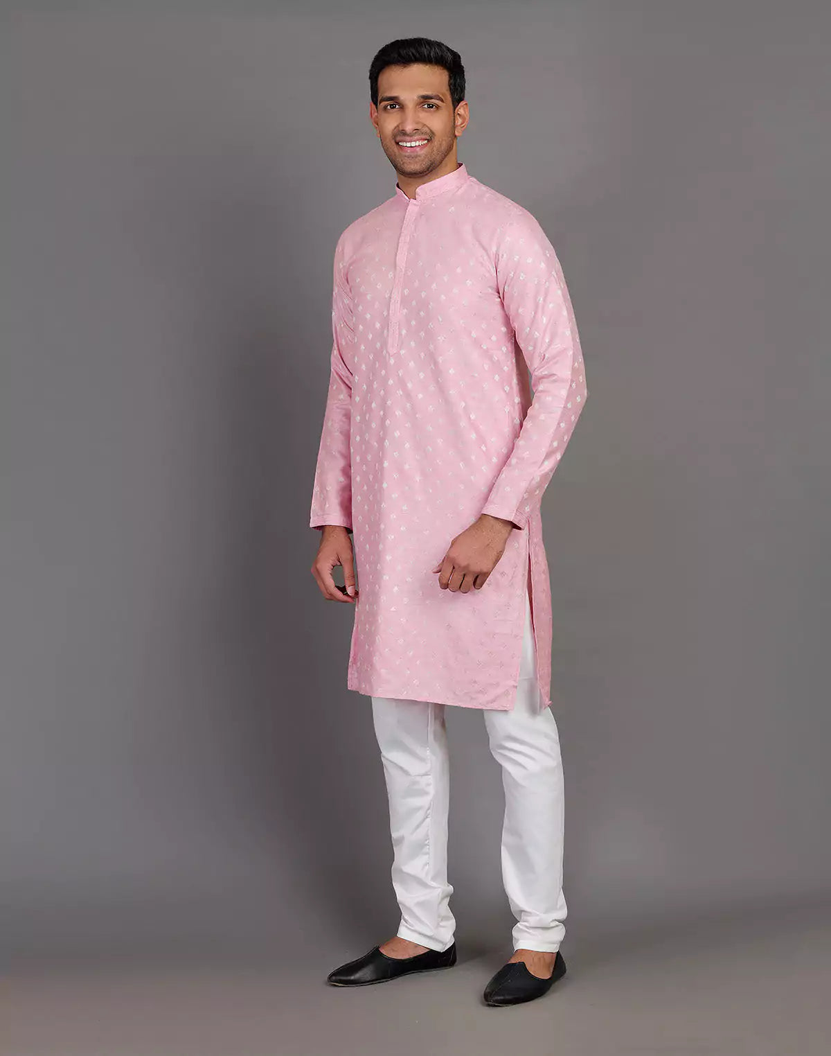 Pink Raw Silk All Over Silver Bootis Kurta Pyjama Set