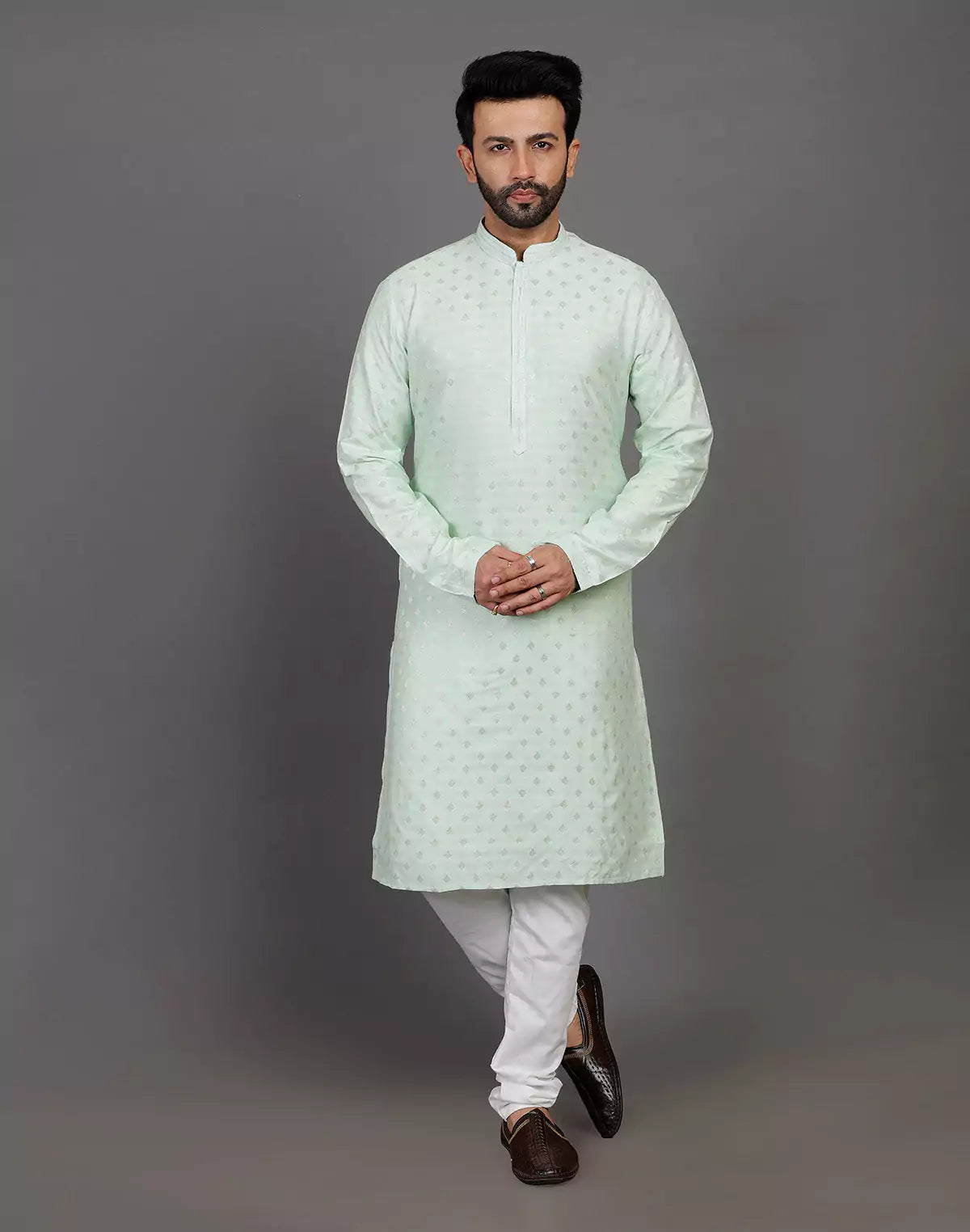Raw Silk Pista Green All Over Silver Bootis Kurta Pyjama Set
