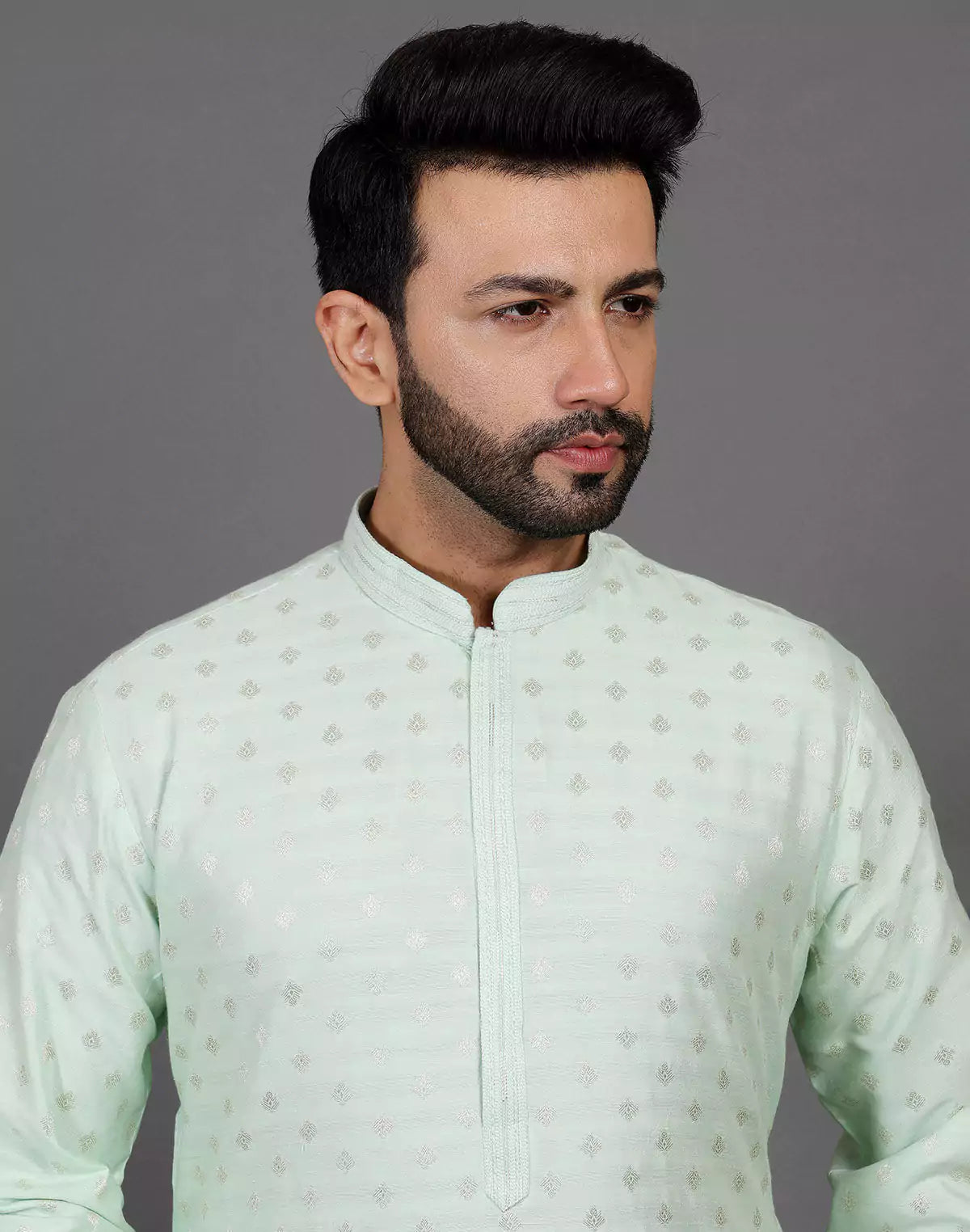 Raw Silk Pista Green All Over Silver Bootis Kurta Pyjama Set