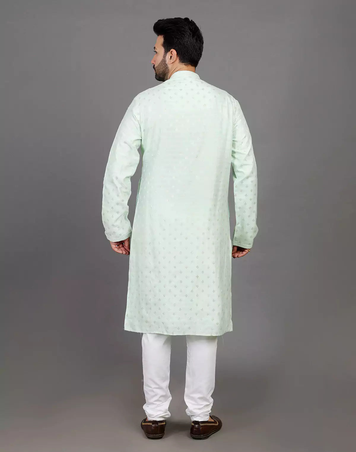 Raw Silk Pista Green All Over Silver Bootis Kurta Pyjama Set
