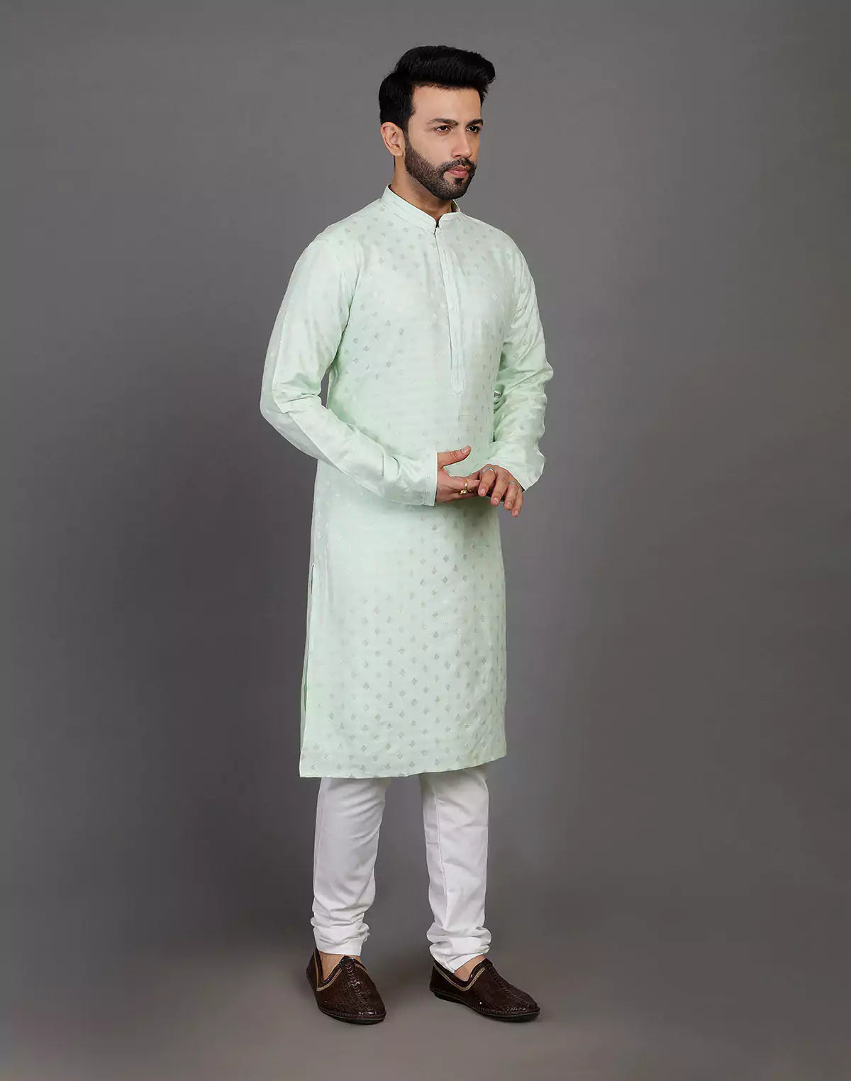 Raw Silk Pista Green All Over Silver Bootis Kurta Pyjama Set