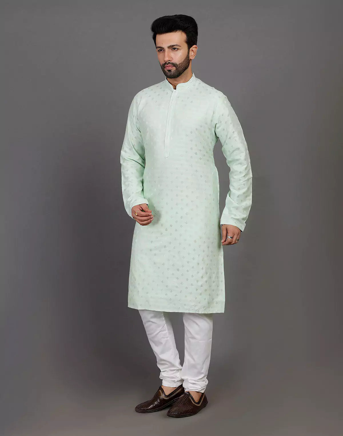 Raw Silk Pista Green All Over Silver Bootis Kurta Pyjama Set