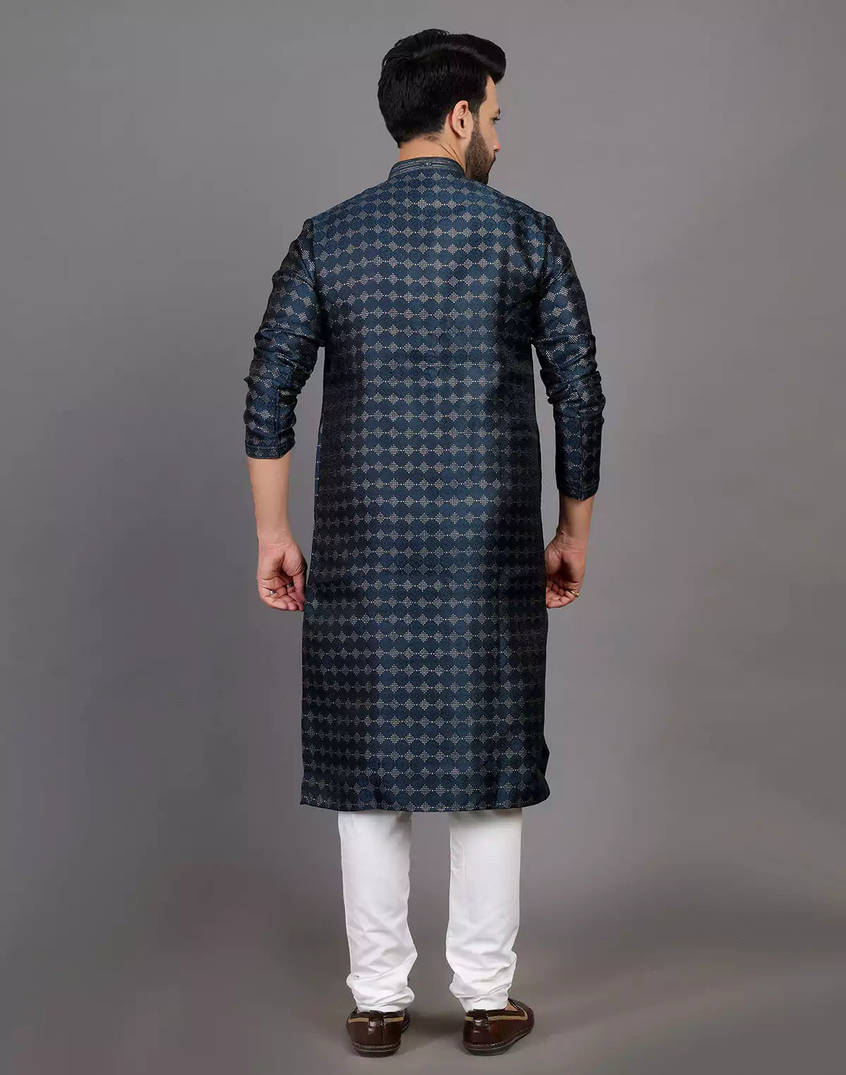 All Over Self Highlighted Thread Work Soft Silk Peacock Blue Kurta Set