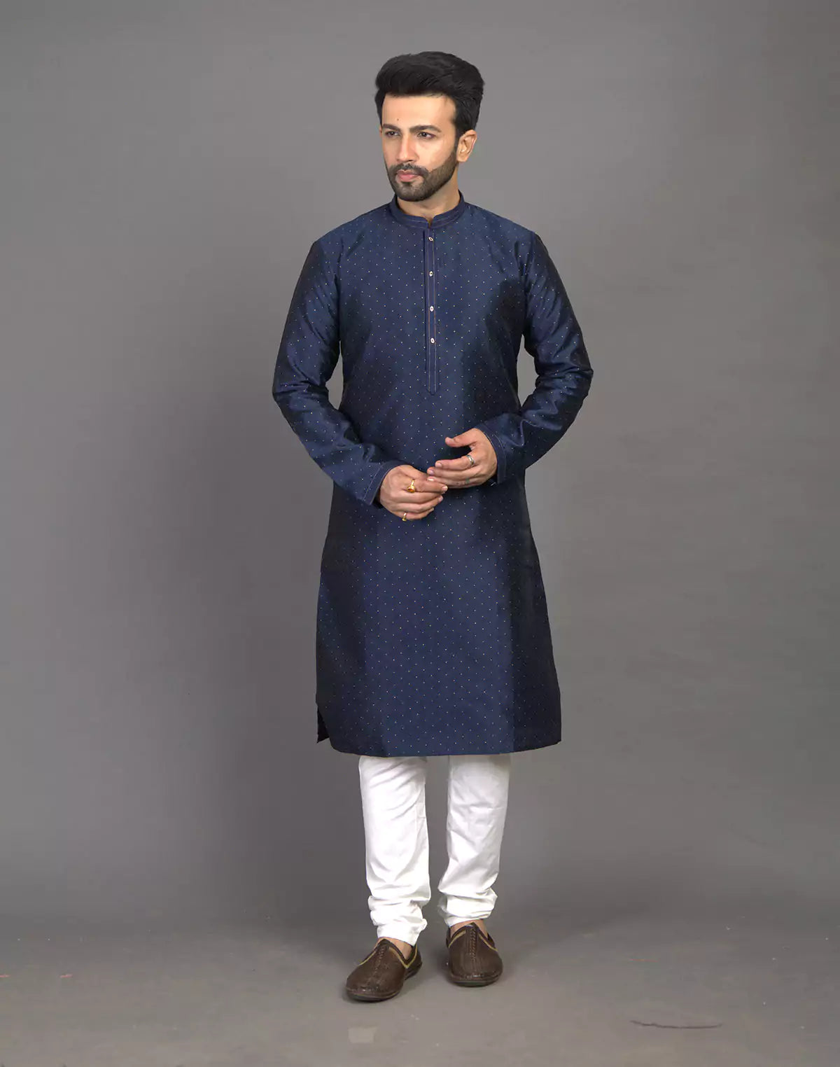 Navy Blue Self Thread with Embellished Soft Silk Kurta Pyjama Set