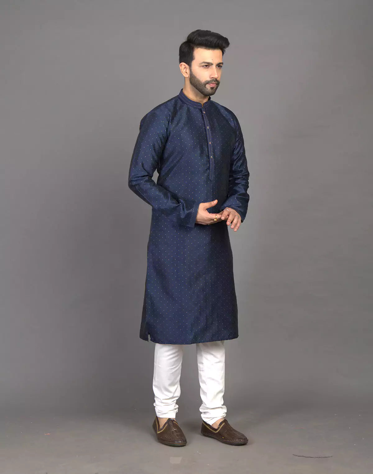 Navy Blue Self Thread with Embellished Soft Silk Kurta Pyjama Set