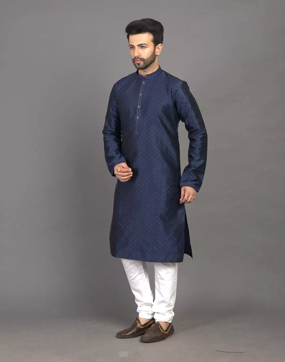 Navy Blue Self Thread with Embellished Soft Silk Kurta Pyjama Set