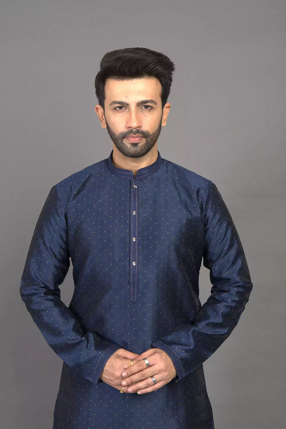 Navy Blue Self Thread with Embellished Soft Silk Kurta Pyjama Set