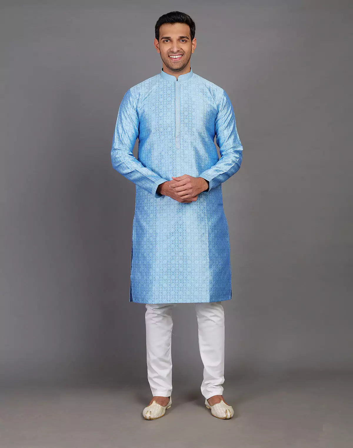 Blue Self Floral Design Soft Silk Kurta Pajama Set
