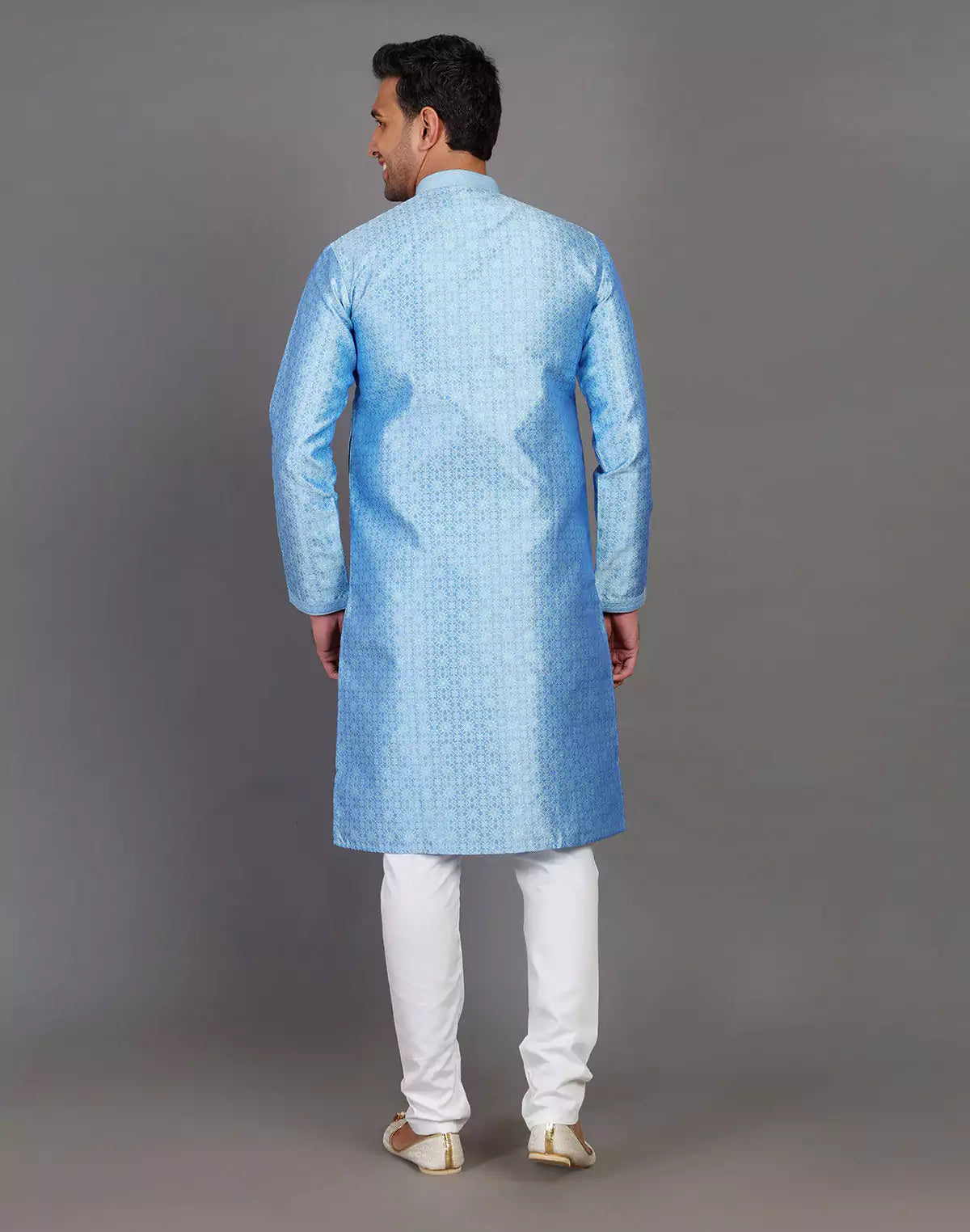 Blue Self Floral Design Soft Silk Kurta Pajama Set