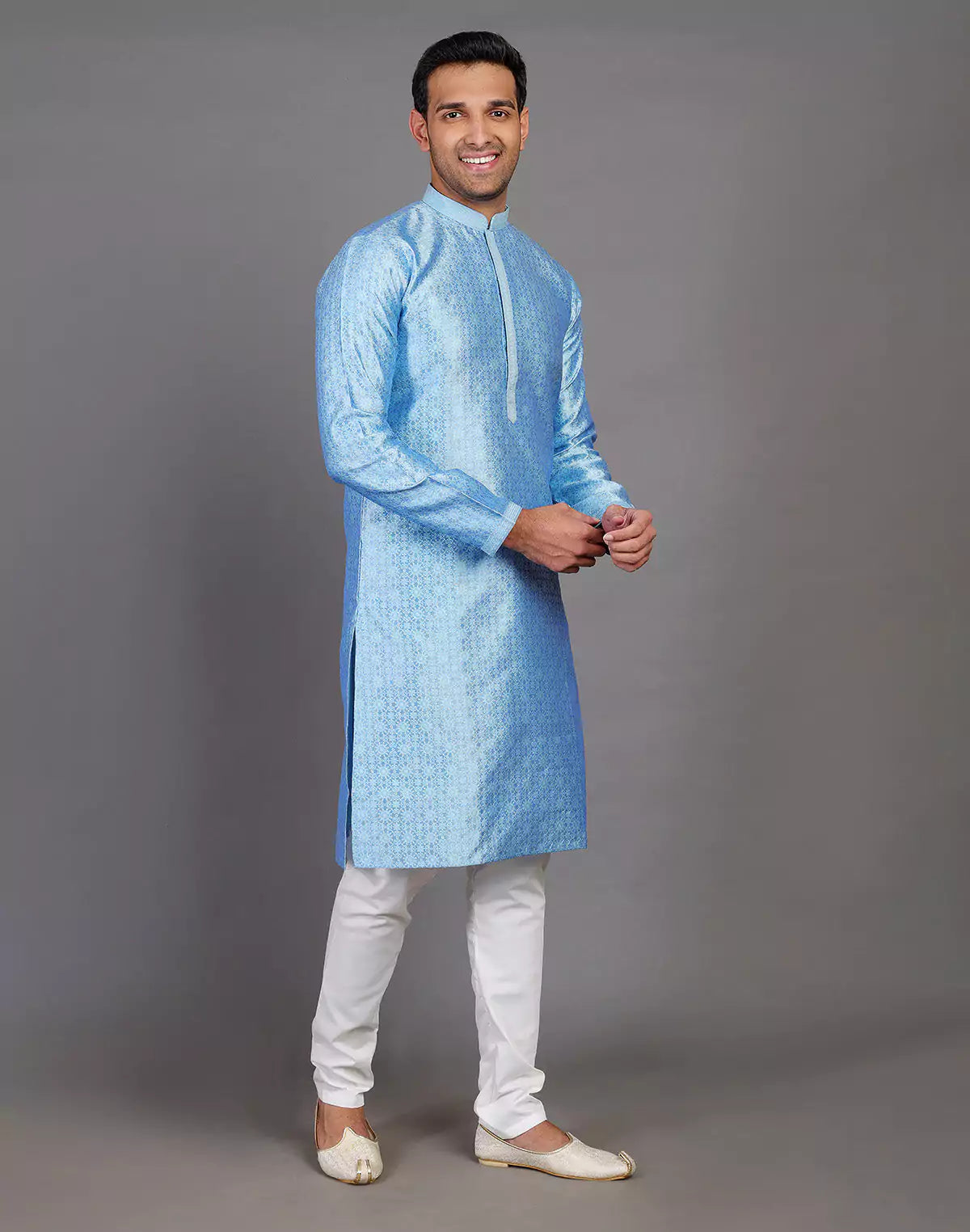 Blue Self Floral Design Soft Silk Kurta Pajama Set