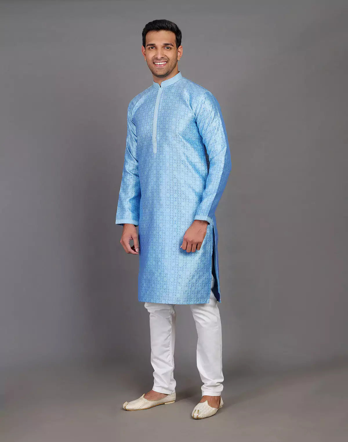 Blue Self Floral Design Soft Silk Kurta Pajama Set