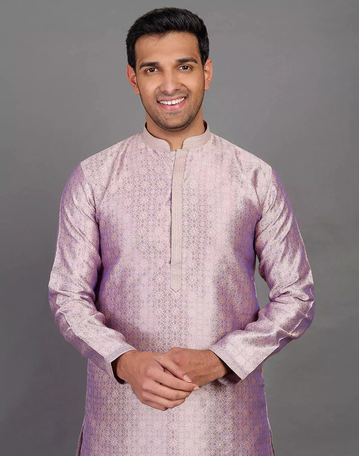 Self Floral Design Onion Coloured Soft Silk Kurta Pajama Set