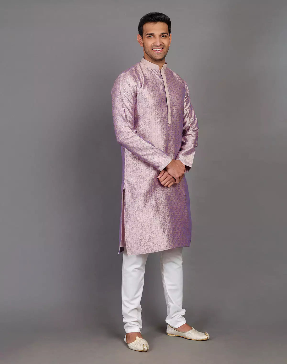 Self Floral Design Onion Coloured Soft Silk Kurta Pajama Set